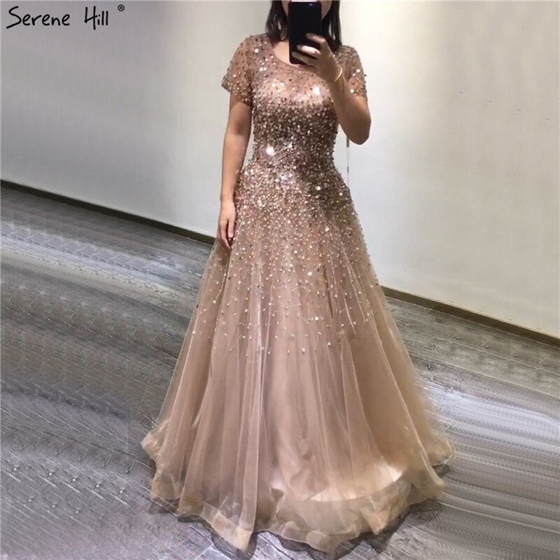Vestidos de noche de lujo con cuentas y mangas cortas doradas, corte A, con cordones, para mujer, diseño de fiesta LA70464 