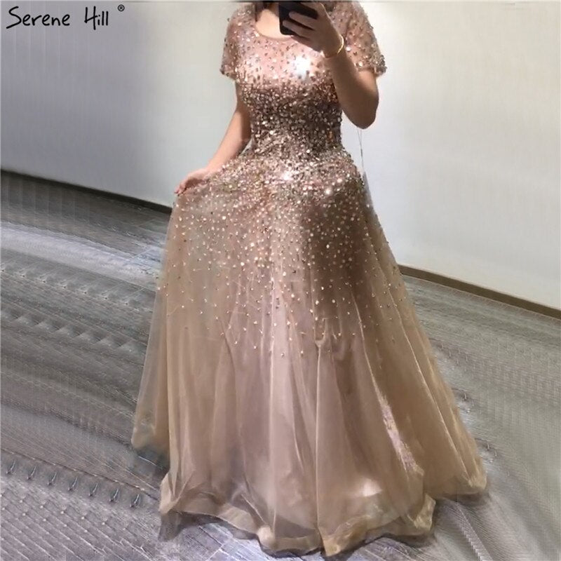 Vestidos de noche de lujo con cuentas y mangas cortas doradas, corte A, con cordones, para mujer, diseño de fiesta LA70464 