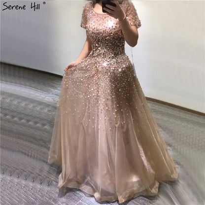 Gold Kurzen Ärmeln Perlen Luxus Abendkleider Kleider 2025 A-linie Lace Up Für Frauen Party Design LA70464 