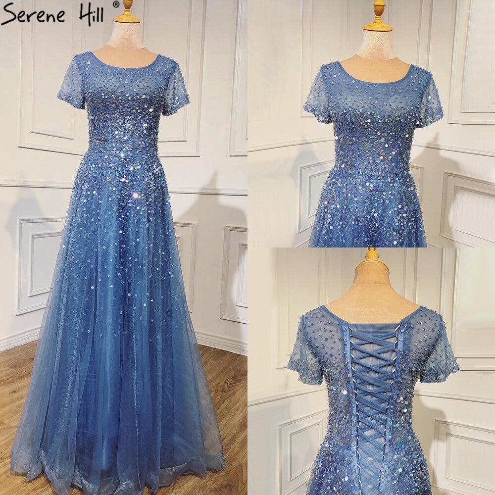 Vestidos de noche de lujo con cuentas y mangas cortas doradas, corte A, con cordones, para mujer, diseño de fiesta LA70464 