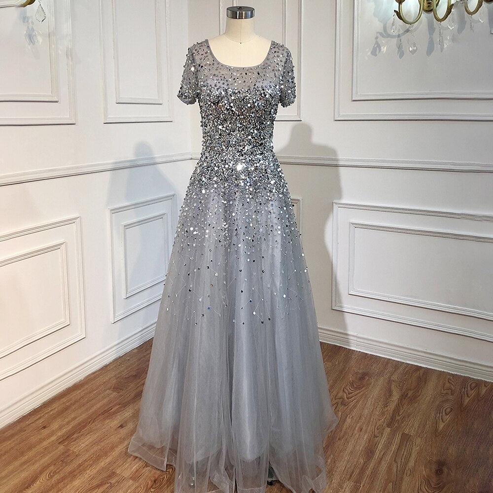 Vestidos de noche de lujo con cuentas y mangas cortas doradas, corte A, con cordones, para mujer, diseño de fiesta LA70464 