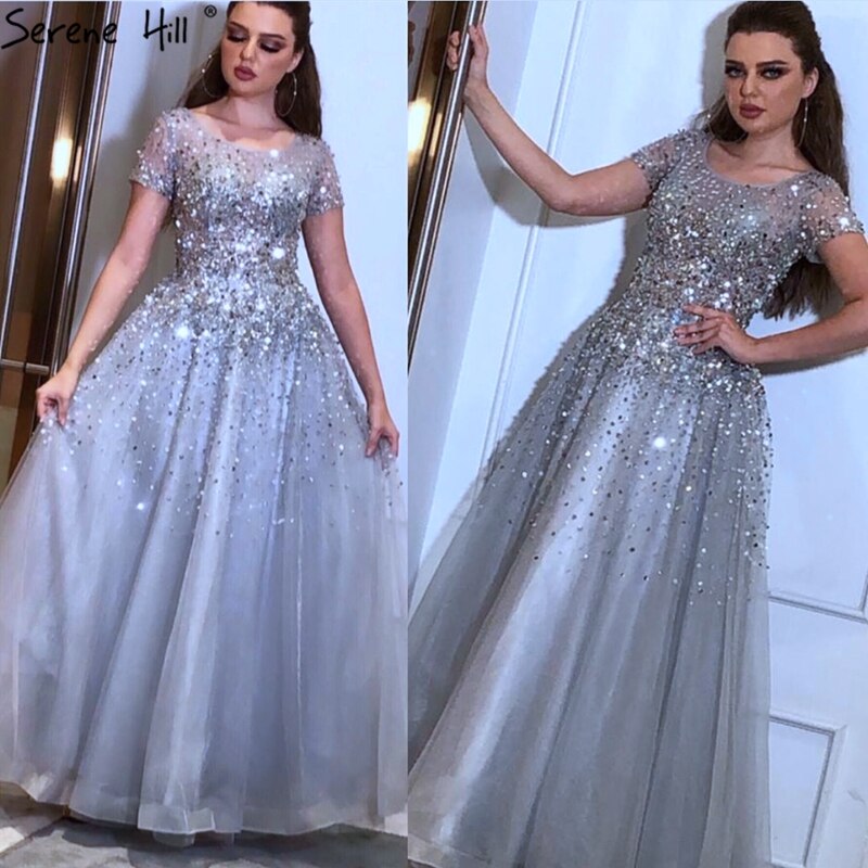 Vestidos de noche de lujo con cuentas y mangas cortas doradas, corte A, con cordones, para mujer, diseño de fiesta LA70464 
