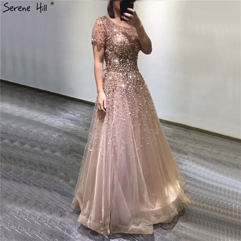 Vestidos de noche de lujo con cuentas y mangas cortas doradas, corte A, con cordones, para mujer, diseño de fiesta LA70464 