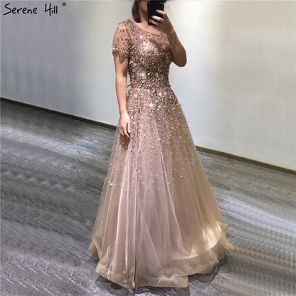Gold Kurzen Ärmeln Perlen Luxus Abendkleider Kleider 2025 A-linie Lace Up Für Frauen Party Design LA70464 