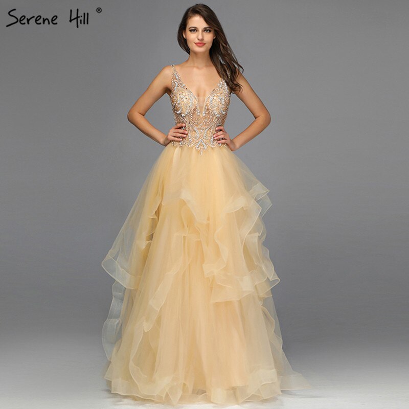 En oferta, sin devolución ni reembolso. Oferta: Vestido de noche dorado con escote en V, cuentas y diamantes. Vestido de noche sexy de corte A sin mangas. Diseño 2025 LA70149. 