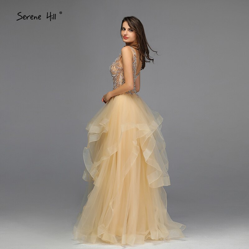 En oferta, sin devolución ni reembolso. Oferta: Vestido de noche dorado con escote en V, cuentas y diamantes. Vestido de noche sexy de corte A sin mangas. Diseño 2025 LA70149. 