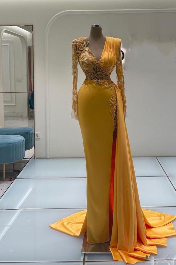 Elegantes V-Ausschnitt Langarm Meerjungfrau Satin Ballkleid mit Schleppe