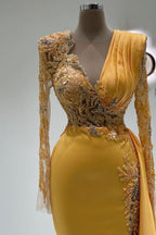 Elegantes V-Ausschnitt Langarm Meerjungfrau Satin Ballkleid mit Schleppe