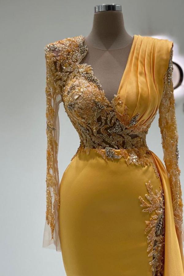 Elegantes V-Ausschnitt Langarm Meerjungfrau Satin Ballkleid mit Schleppe