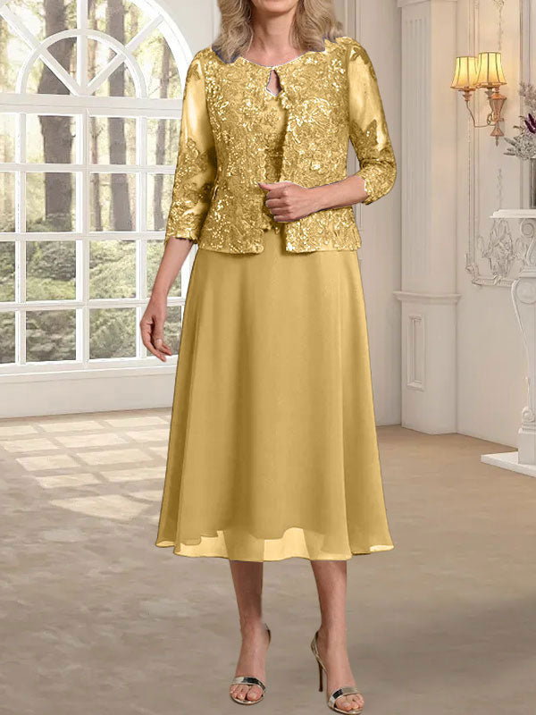 Vestido de gasa con encaje y lentejuelas para madre de la novia, corte A, escote redondo y largo hasta la rodilla