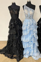 Navy Blue Tulle Sequin One-Shoulder Long Prom Dress with Slit