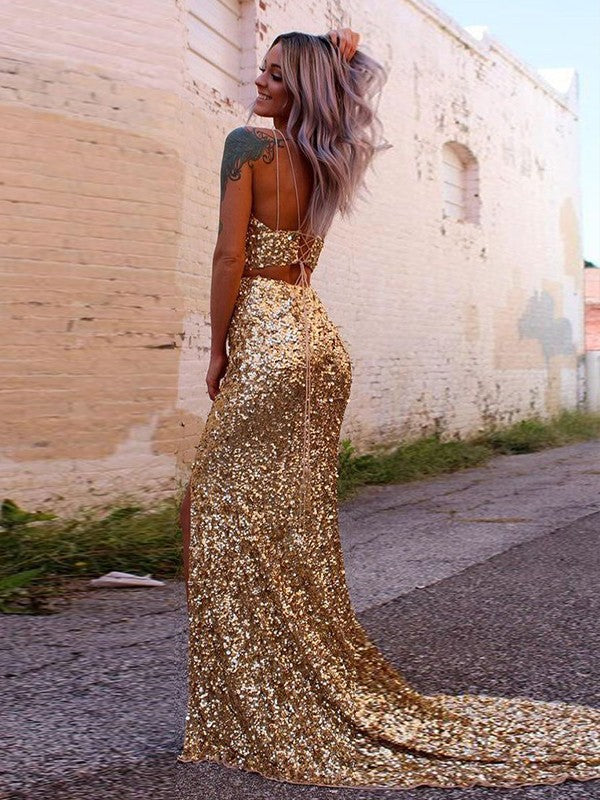Vestido de fiesta amarillo de dos piezas con lentejuelas SYP94 