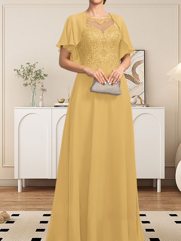Vestido de gasa con encaje y lentejuelas para madre de la novia, corte A, escote ilusión, largo hasta el suelo