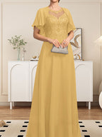 Vestido de gasa con encaje y lentejuelas para madre de la novia, corte A, escote ilusión, largo hasta el suelo