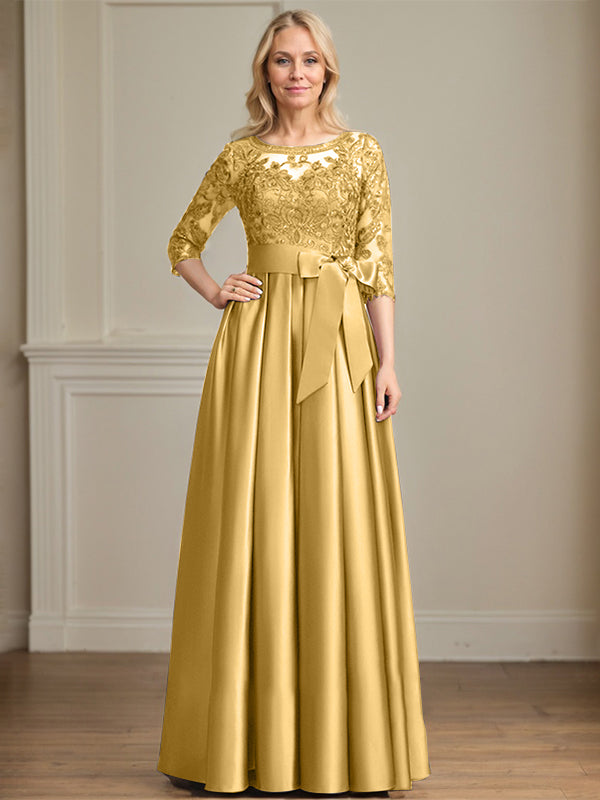 Vestido de madre de la novia de satén con encaje, corte A, escote ilusión, largo hasta el suelo, con lazo de lentejuelas