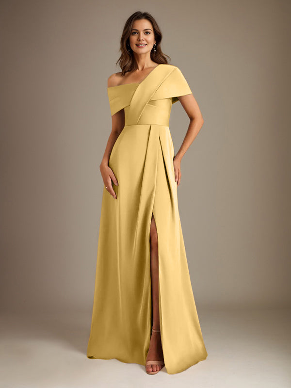 A-Line Asymmetrical Neckline Floor-Length Satin Mother of the Bride Dress With Pleated