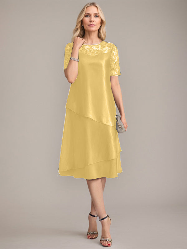 Vestido de madre de la novia con corte en A, escote redondo y largo hasta la rodilla, con apliques y lentejuelas