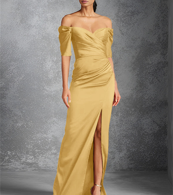 Vestidos para madre de la novia con corte tubo, hombros descubiertos, mangas cortas y largo hasta el suelo con abertura frontal
