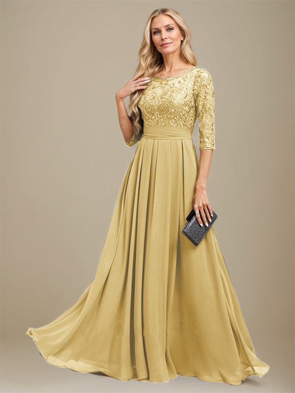 Vestido de madre de la novia de gasa con encaje, corte A, largo hasta el suelo y apliques de lentejuelas