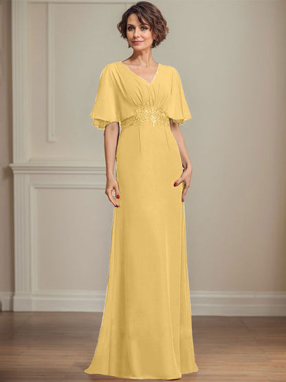 A-Linie V-Ausschnitt Bodenlanges Chiffonkleid für die Brautmutter mit plissierten Paillettenapplikationen Spitze