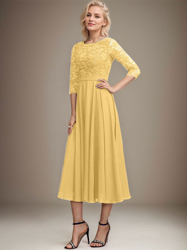 Vestido de gasa con encaje y lentejuelas para madre de la novia, corte A, escote redondo y largo hasta la rodilla