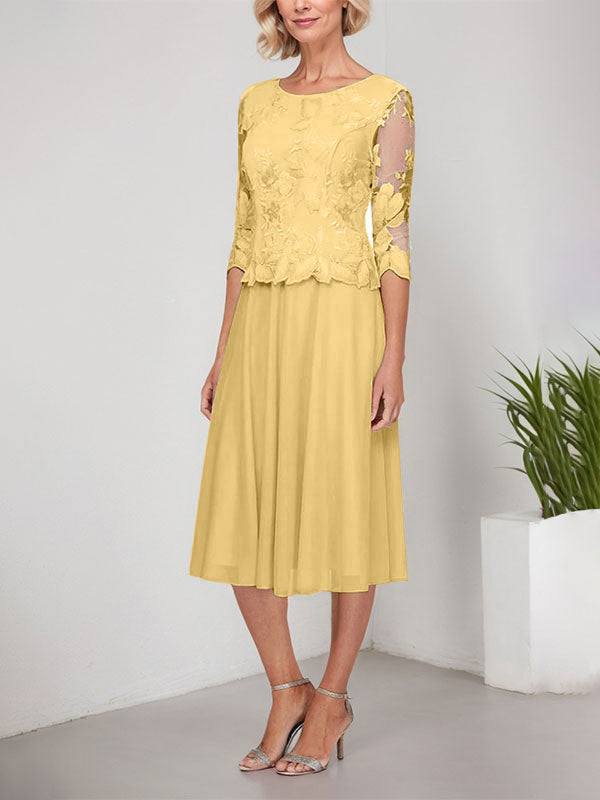 Vestido de gasa con encaje y bordado para madre de la novia, corte A, escote redondo y largo hasta la rodilla