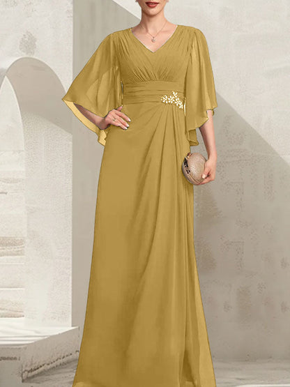 Etui-Linie/Säule V-Ausschnitt Bodenlang Chiffon Kleid für die Brautmutter mit Plissee Pailletten Perlenbesatz