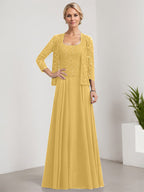 Vestido de madre de la novia de gasa con encaje, corte A, largo hasta el suelo, cuadrado y lentejuelas