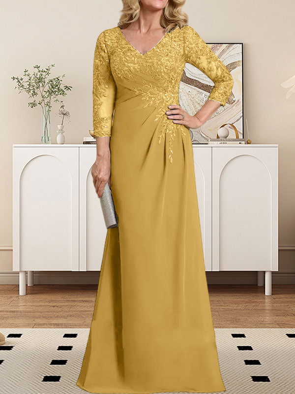 Vestido de madre de la novia de gasa con encaje, escote en V, ilusión, largo hasta el suelo, con lentejuelas plisadas