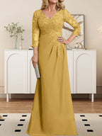 Vestido de madre de la novia de gasa con encaje, escote en V, ilusión, largo hasta el suelo, con lentejuelas plisadas