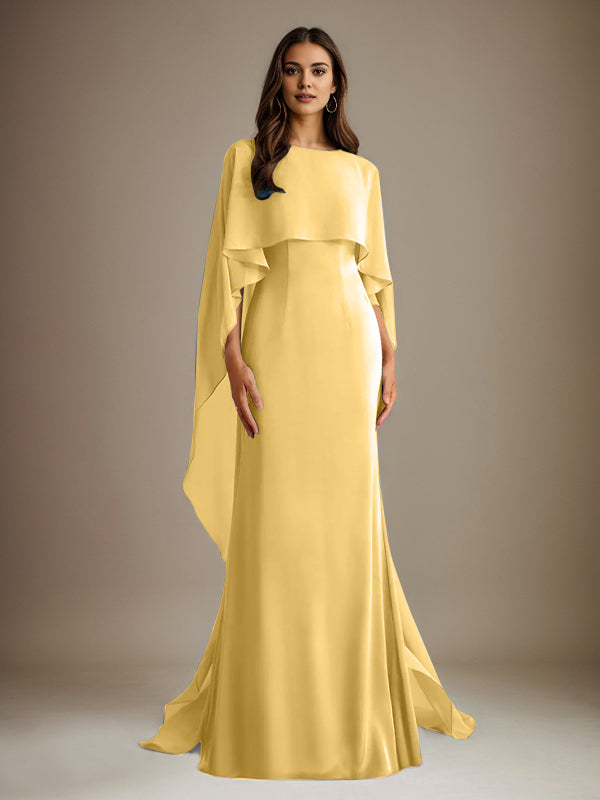 Vestido de gasa para madre de la novia, largo hasta el suelo, con escote barco y corte tubo/columna y volantes en cascada
