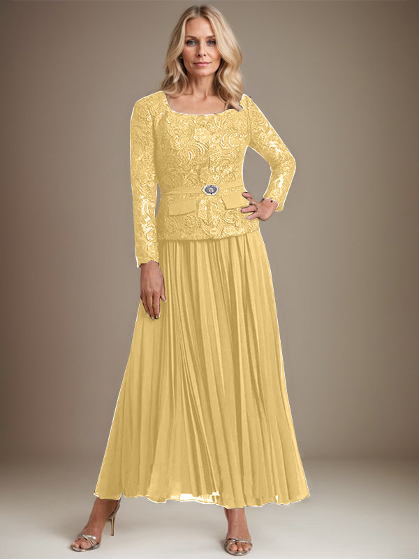 Vestido de gasa para madre de la novia con corte A, cuadrado, largo hasta los tobillos, con pliegues