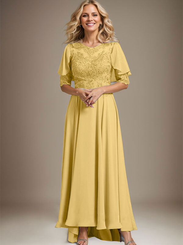 Vestido de madre de la novia de gasa asimétrica con encaje, ilusión, corte A y escote redondo con cuentas