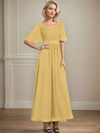 Vestido de gasa para madre de la novia con escote en V, largo hasta los tobillos, corte A y lentejuelas plisadas con cuentas