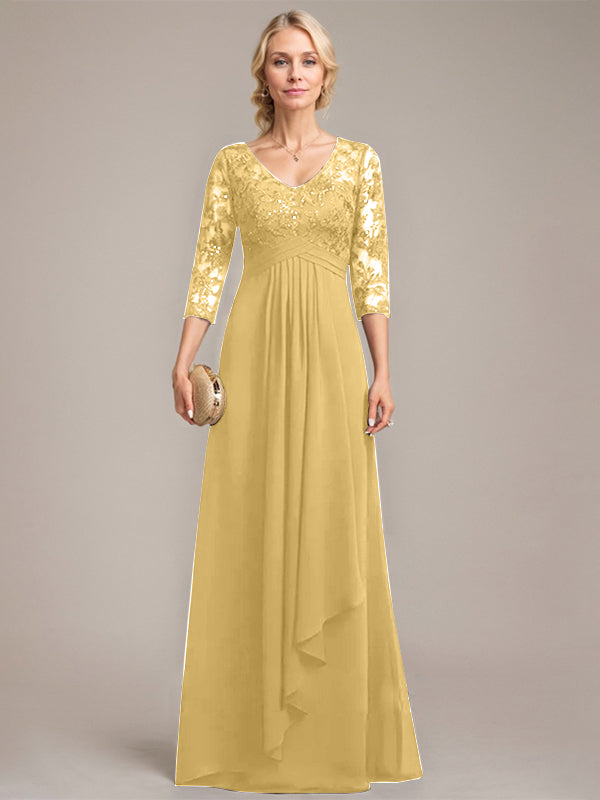 A-Linie V-Ausschnitt Bodenlanges Spitzen-Chiffon-Kleid für die Brautmutter mit kaskadierenden Rüschen und Pailletten 
