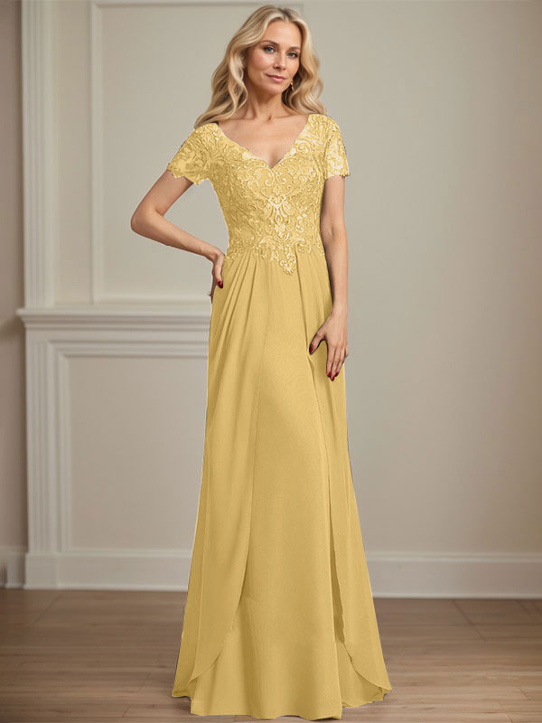 Vestido de gasa con encaje y escote en V hasta el suelo para madre de la novia