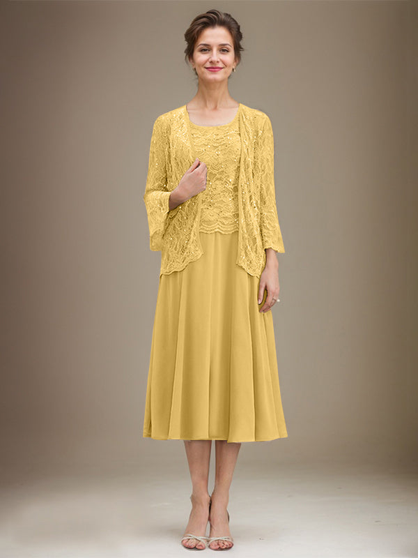 Vestido de gasa con encaje y lentejuelas para madre de la novia, corte A, escote redondo y largo hasta la rodilla