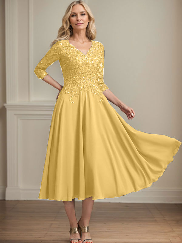 Vestido de gasa con encaje y escote en V para madre de la novia, largo hasta la rodilla, con lentejuelas y abalorios