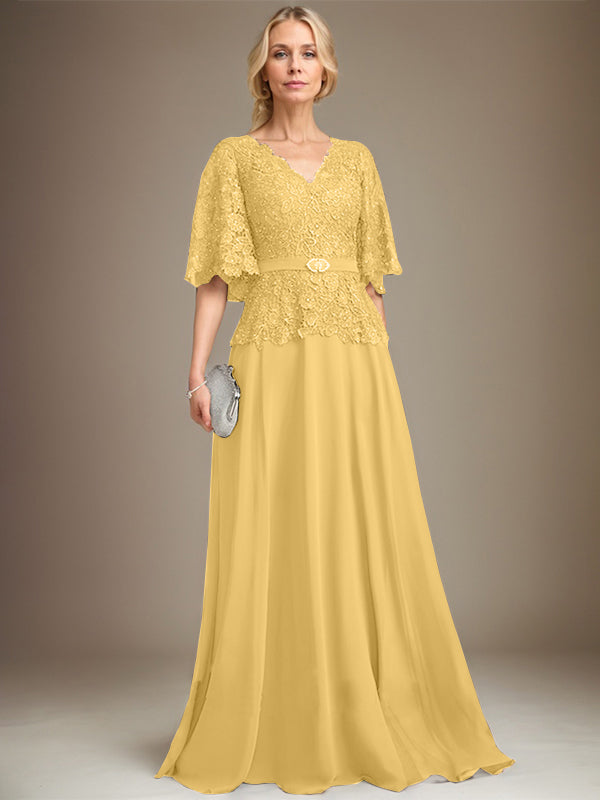 A-Linie V-Ausschnitt Bodenlanges Chiffon-Spitzenkleid für die Brautmutter mit Kristallbrosche und Strass 