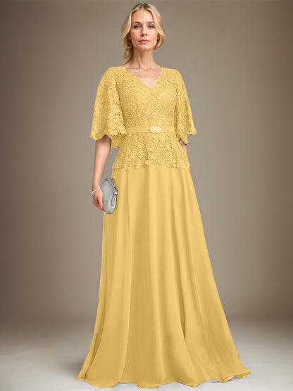 A-Linie V-Ausschnitt Bodenlanges Chiffon-Spitzenkleid für die Brautmutter mit Kristallbrosche und Strass 