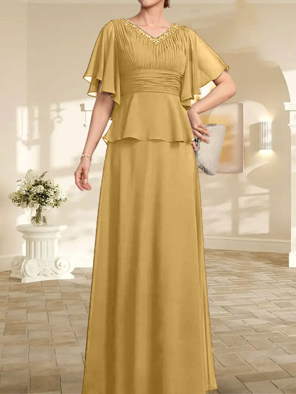 A-Linien-Kleid aus Chiffon mit V-Ausschnitt und bodenlangem Schnitt für die Brautmutter mit plissierten Perlen