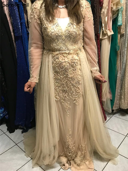 Muslim Long y V-Neck New Evening Dress 2025  A-Line Fashion Diamond Beading With Over Skirt  Evening Dress Real Photo LA6571