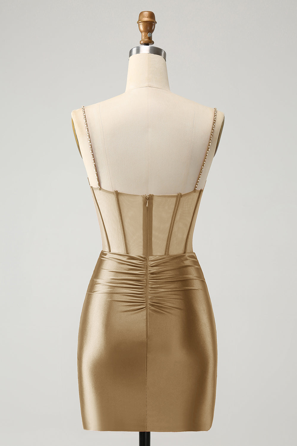 Vestido corto elegante de fiesta con corsé plisado y ajustado en color fucsia con cuentas