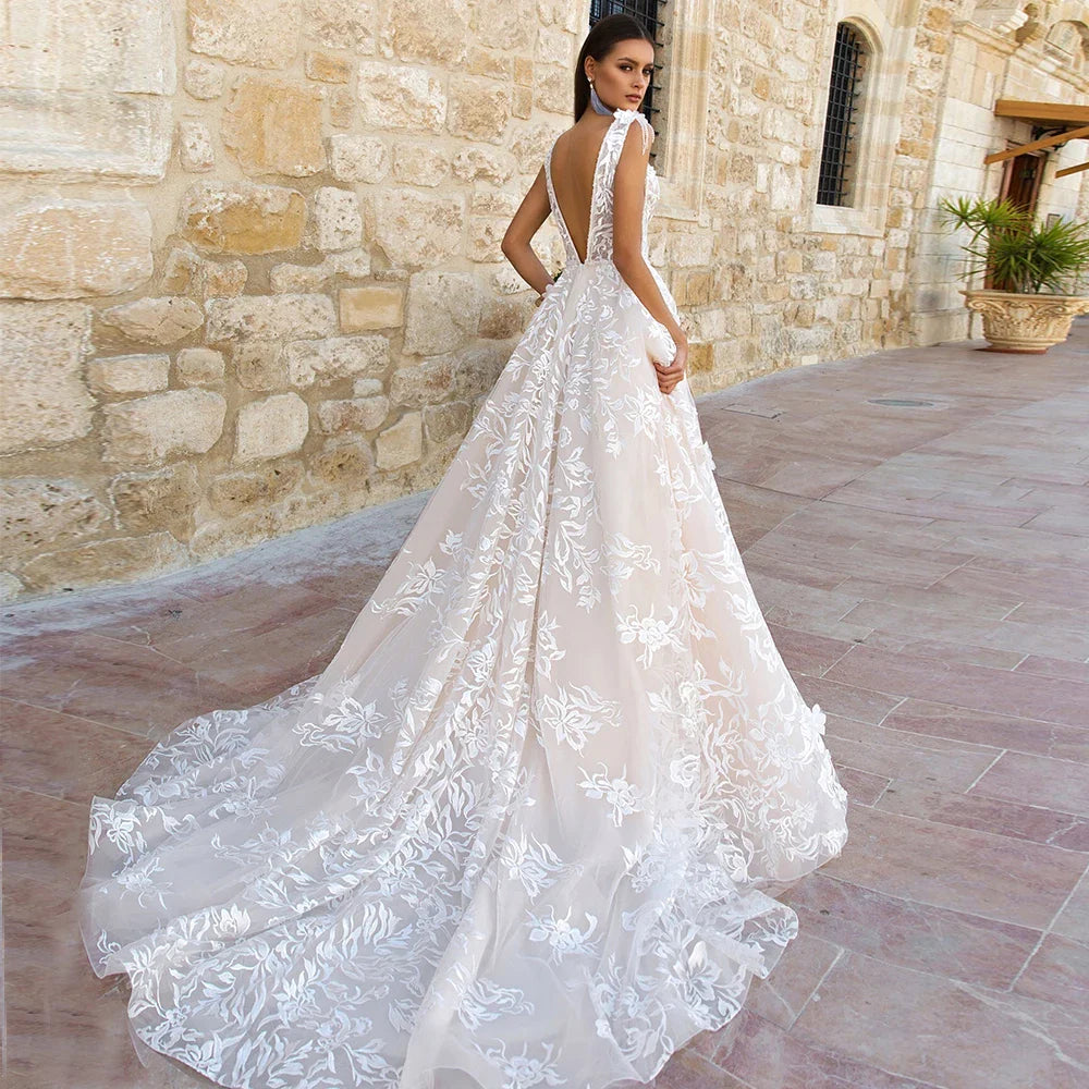 Gorgeous A-line Tulle Appliques Lace Wedding Dress V-neck Vestidos De Novia Open Back Princess Vestido De Noiva-payinti