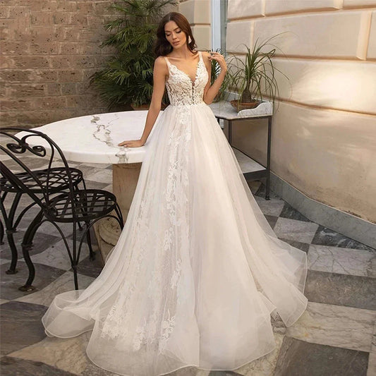 Gorgeous Deep V-neck Sleeveless Chapel Train A-Line Mopping Wedding Dresses New Luxury Sweetheart Sexy Lace Pretty Wedding Gown-payinti