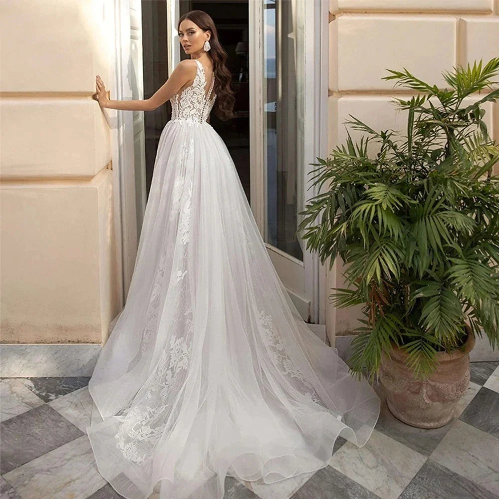 Gorgeous Deep V-neck Sleeveless Chapel Train A-Line Mopping Wedding Dresses New Luxury Sweetheart Sexy Lace Pretty Wedding Gown-payinti