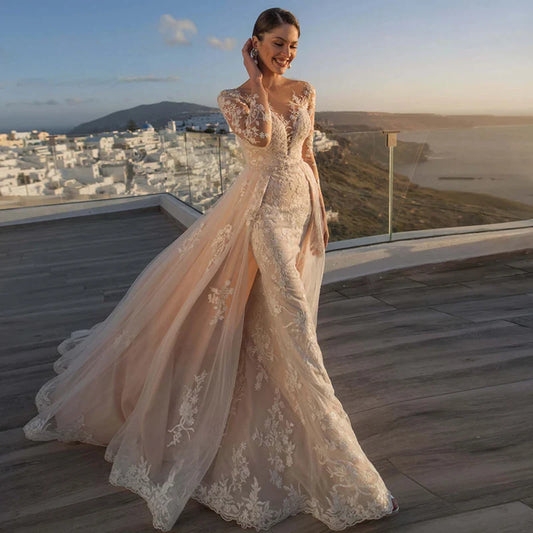 Gorgeous Detachable 2 In 1 Wedding Dress Embroidered Lace On Net With Train Oneck Fullsleeve Vintage Bride Gown Vestido De Novia-payinti