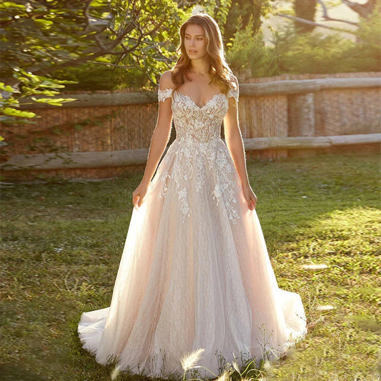 Gorgeous Lace Beach Mopping Wedding Dresses Off the Shoulder Appliques A Line Boho Bride Dresses Princess Wedding Gown Robe-payinti