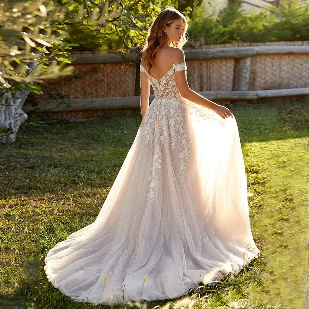 Gorgeous Lace Beach Mopping Wedding Dresses Off the Shoulder Appliques A Line Boho Bride Dresses Princess Wedding Gown Robe-payinti
