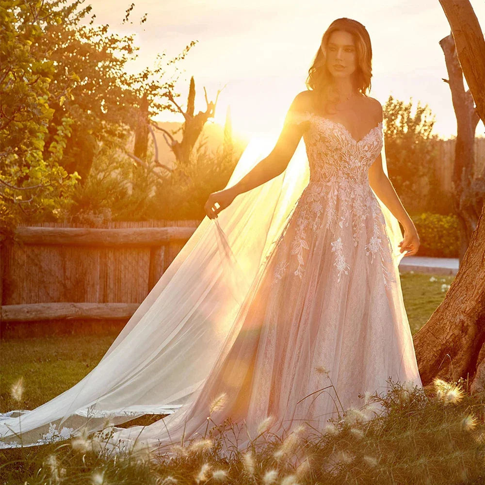 Gorgeous Lace Beach Mopping Wedding Dresses Off the Shoulder Appliques A Line Boho Bride Dresses Princess Wedding Gown Robe-payinti